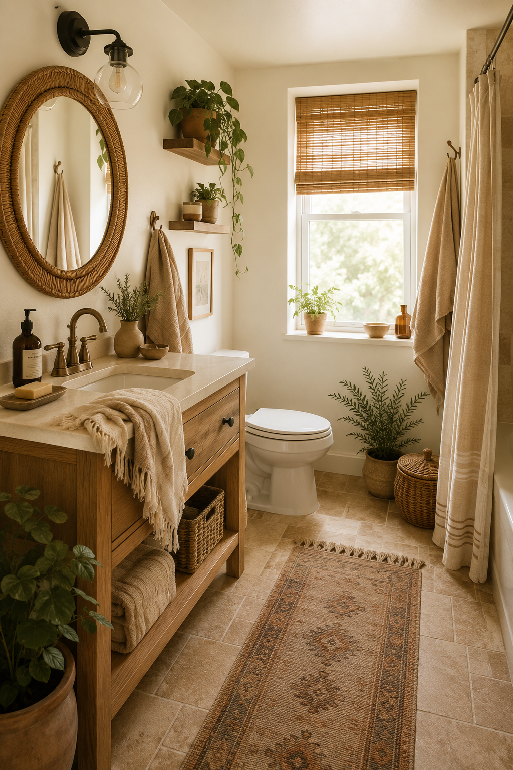 Pinterest pin with boho bathroom ideas