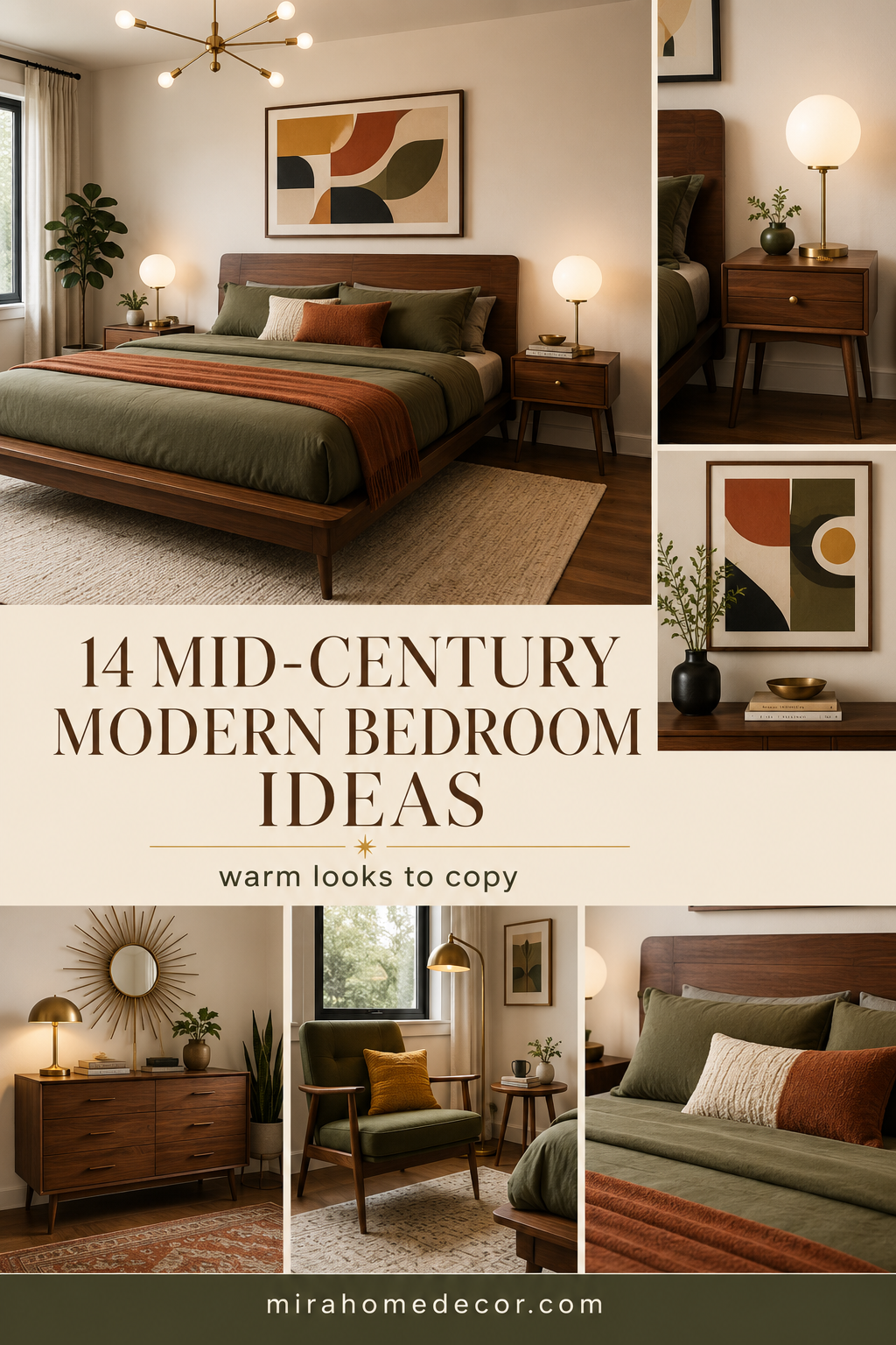 Pinterest pin for mid-century modern bedroom ideas