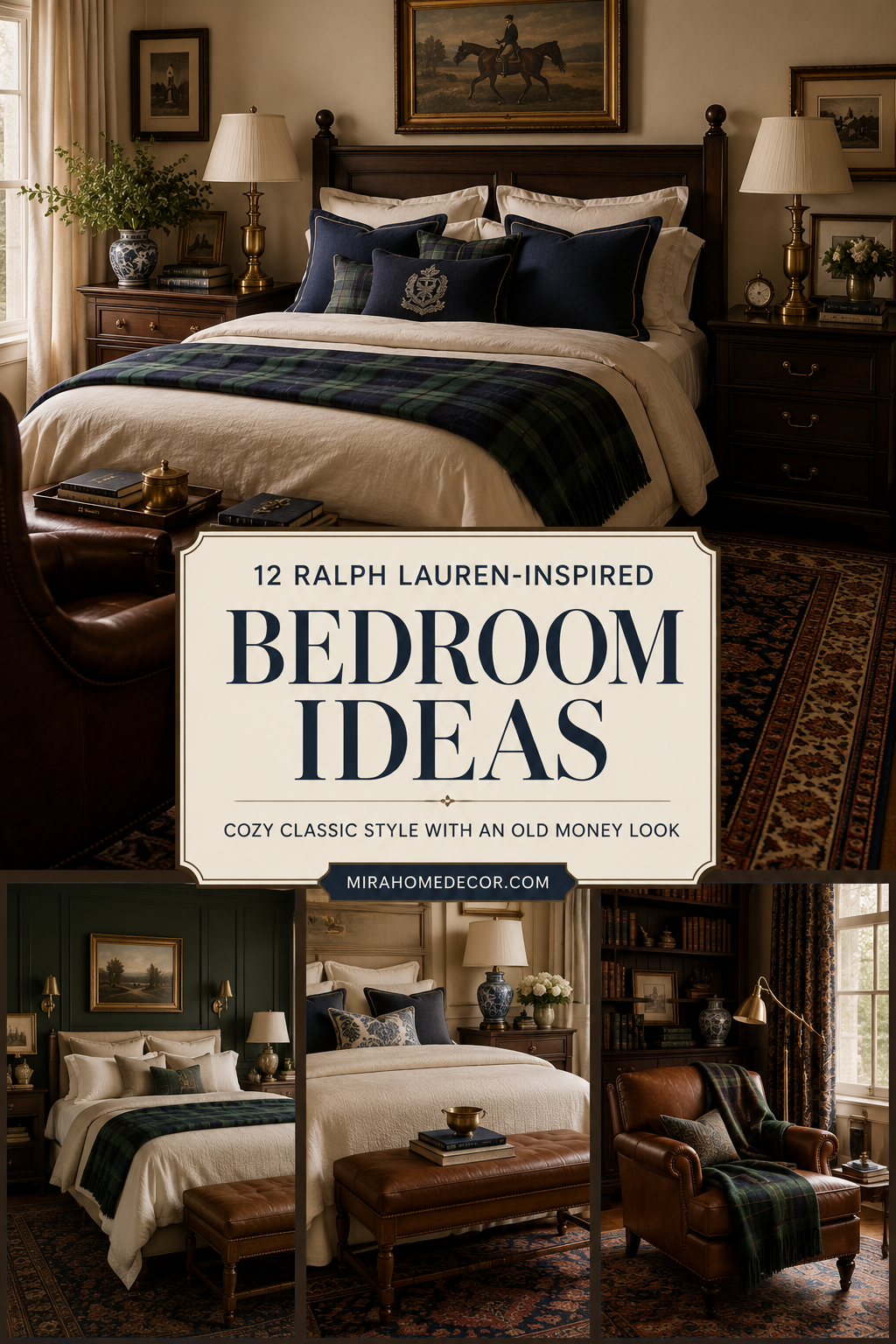 Pinterest pin for Ralph Lauren-inspired bedroom ideas