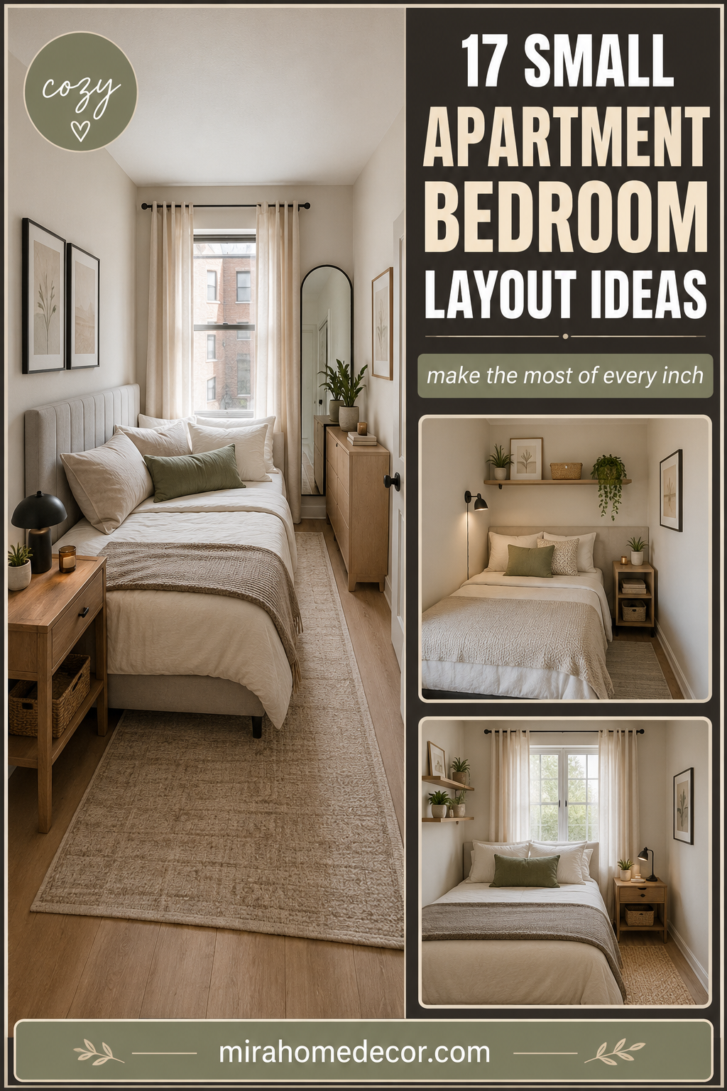 Pinterest pin for small apartment bedroom layout ideas