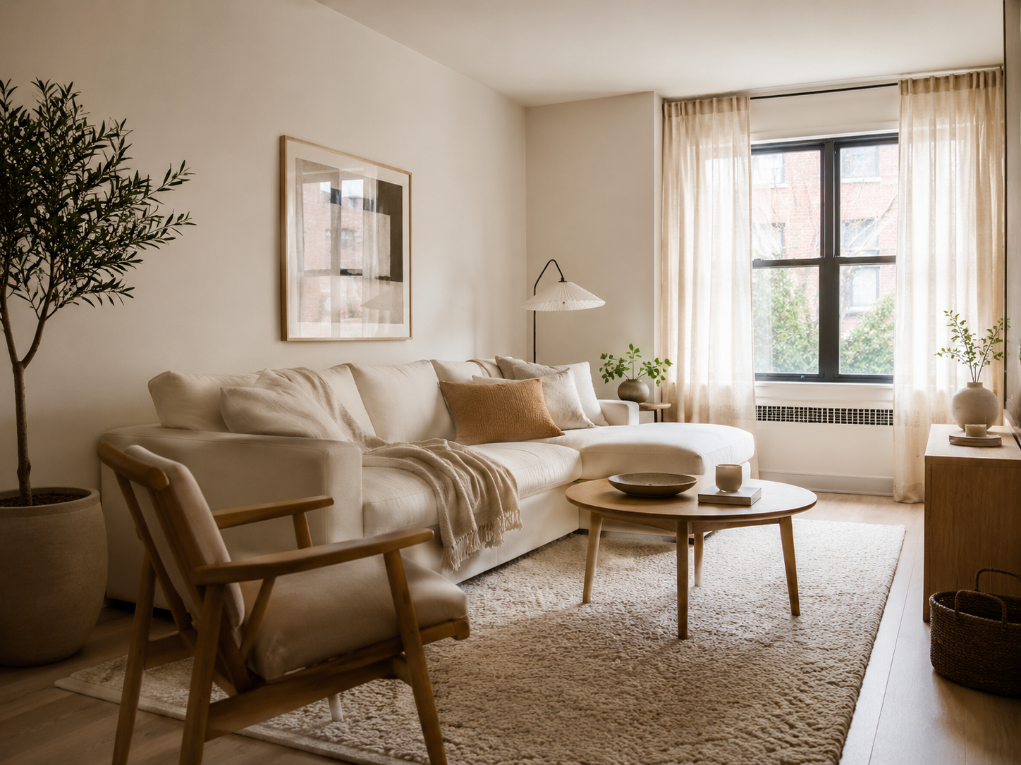 Cozy apartment living room with a cream sofa, warm beige walls, light wood furniture, and soft neutral textures