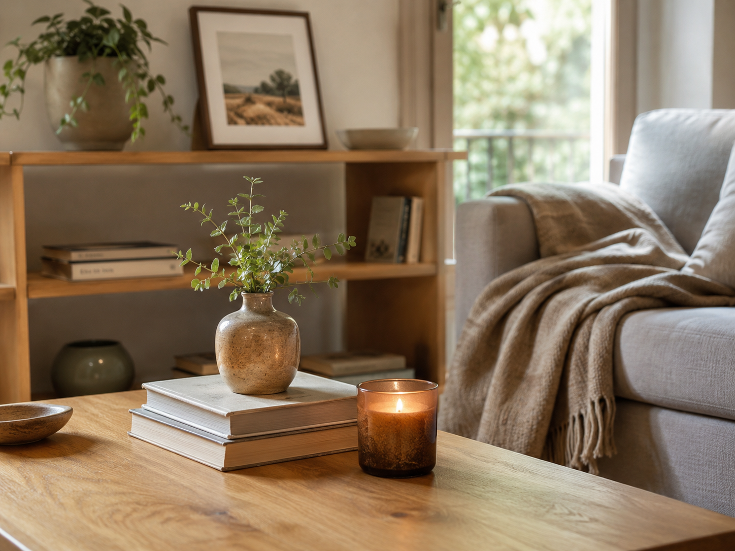Apartment living room detail with books, candle, ceramic vase, framed print, plant, sofa, and throw blanket