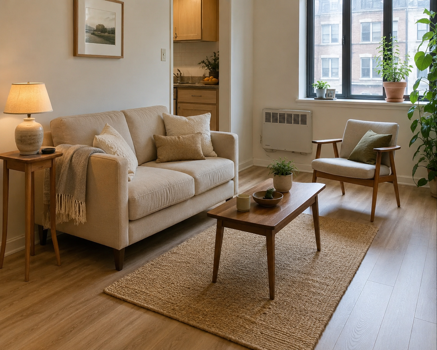 Apartment living room with a small beige loveseat, slim side table, narrow coffee table, and lightweight accent chair