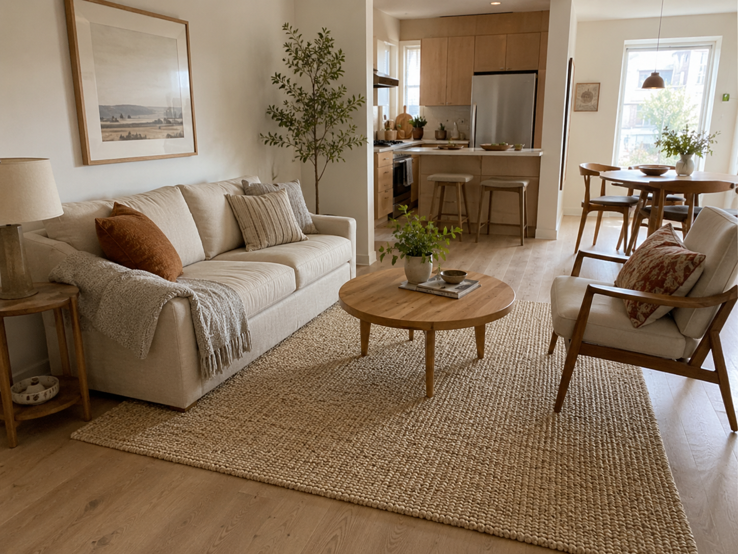 Open-plan apartment living room with a light woven rug defining the seating area