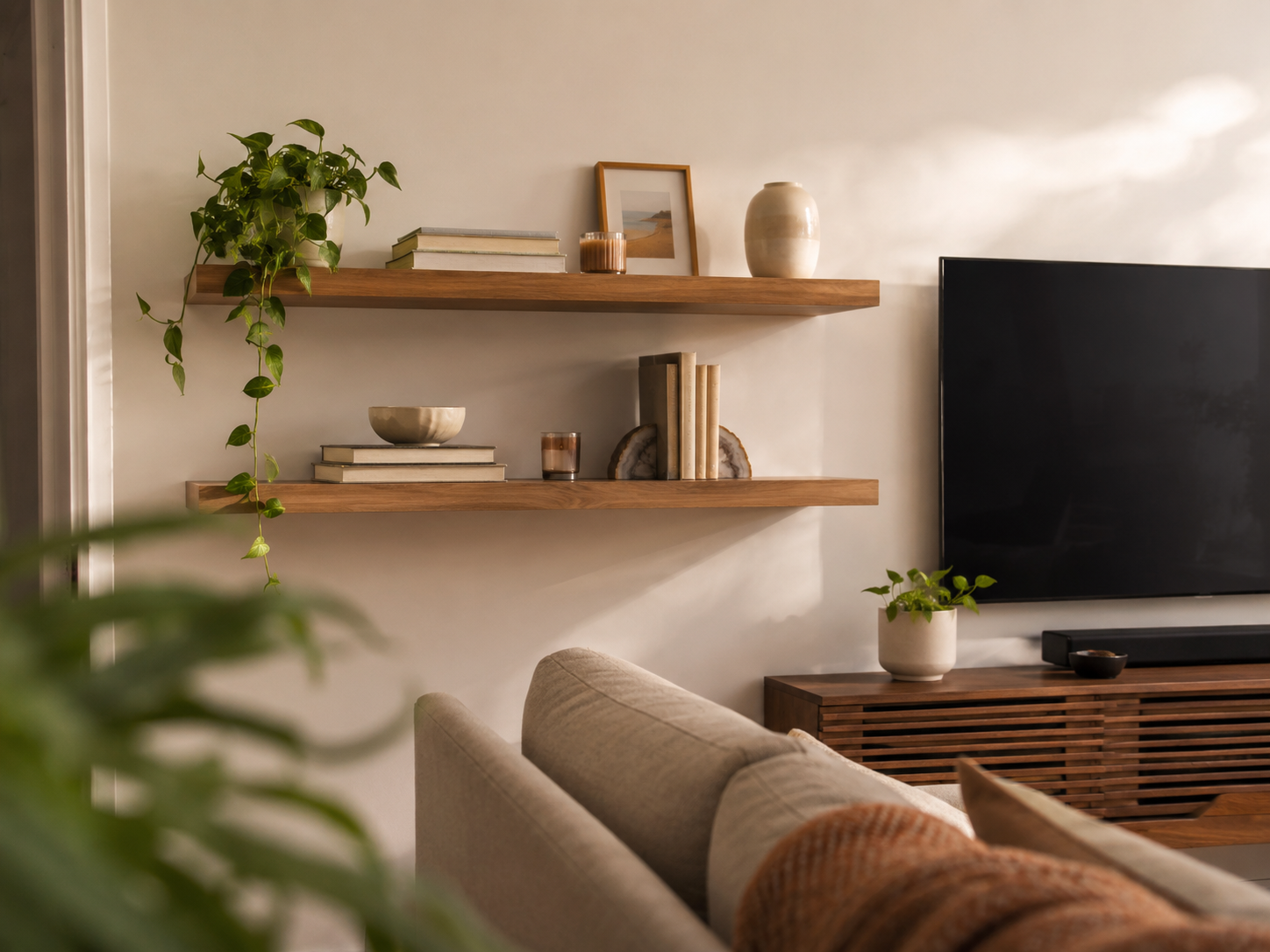 Warm wooden floating shelves in an apartment living room styled with books, plants, framed art, candles, and ceramics