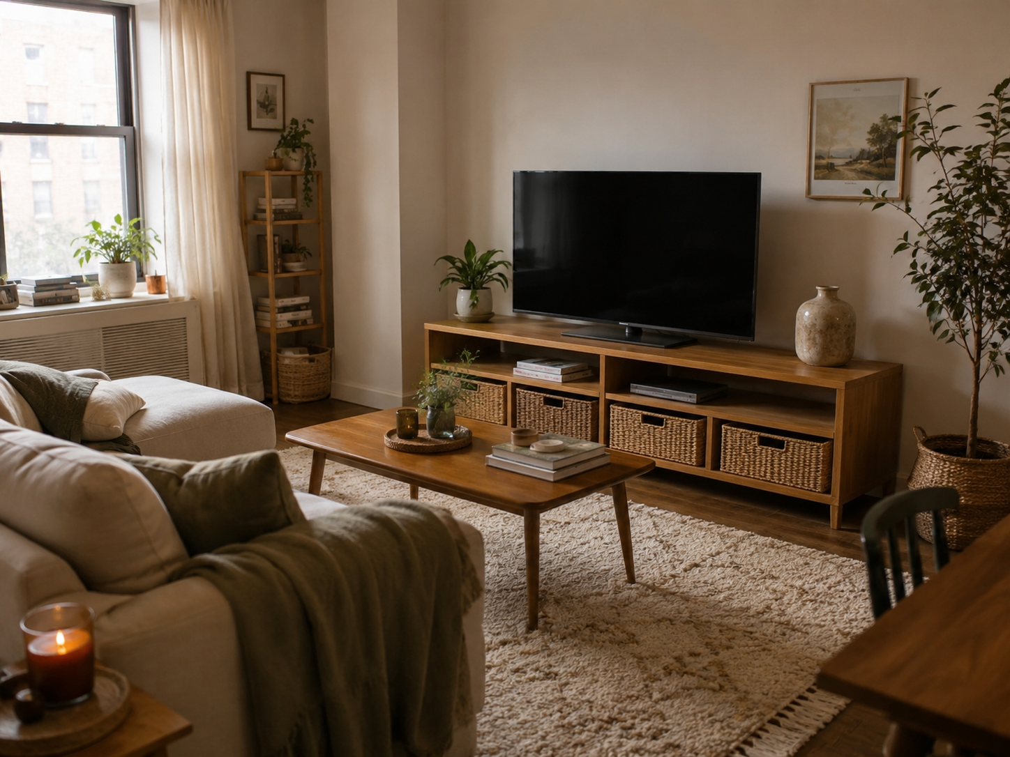 Apartment living room TV wall with a low wooden media console, baskets, books, plants, and simple decor
