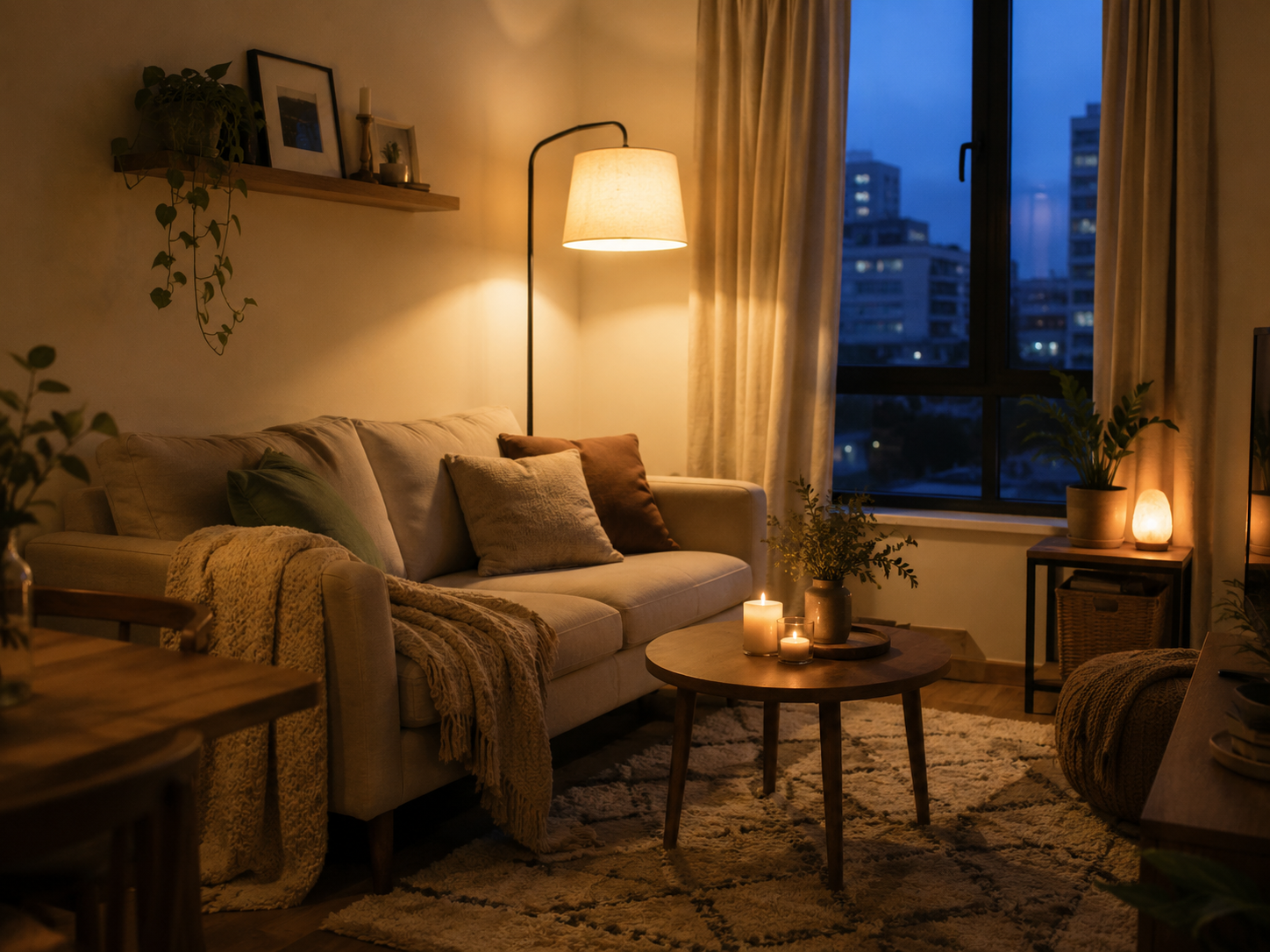 Evening apartment living room with a glowing floor lamp, table lamp, candles, soft rug, and cozy shadows