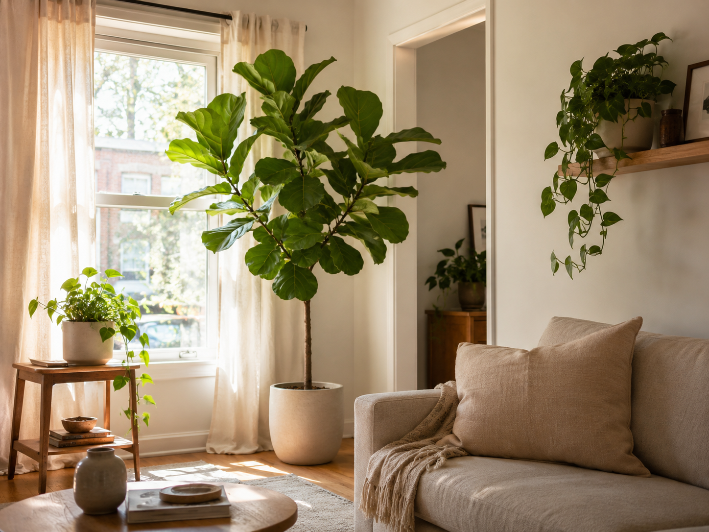 Apartment living room plant corner with a tall floor plant, small side table plant, trailing shelf plant, and light curtains