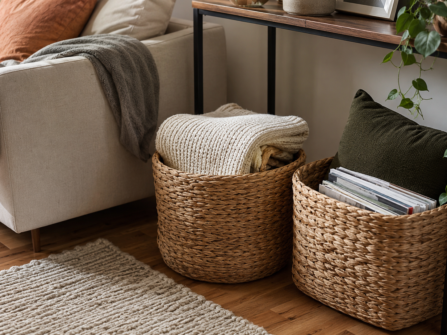 Woven storage baskets in an apartment living room holding blankets, magazines, and extra cushions