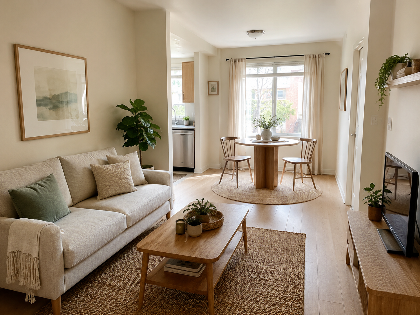 Open-plan apartment living room and dining combo with a compact sofa, rug, coffee table, and small round dining table