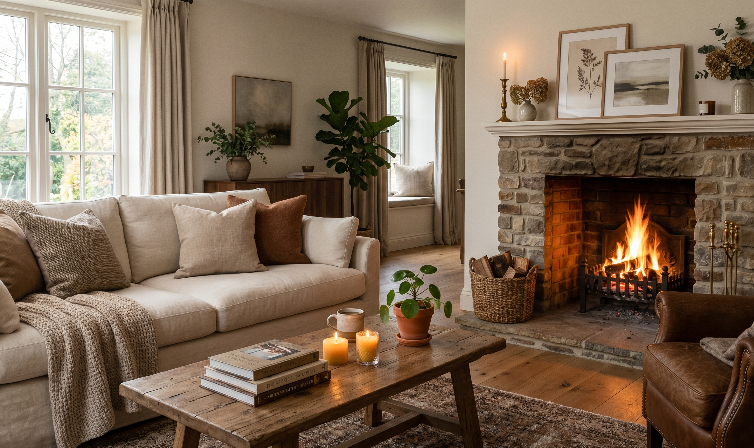 Inviting cozy living room seating area with a fireplace