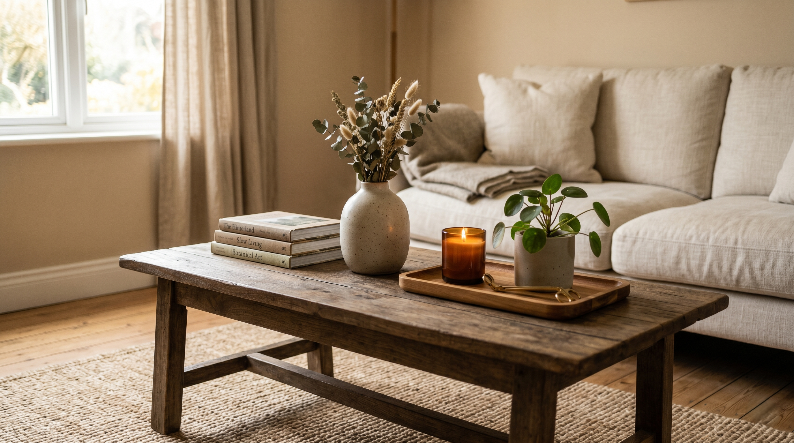 Wood coffee table styled with simple cozy living room decor