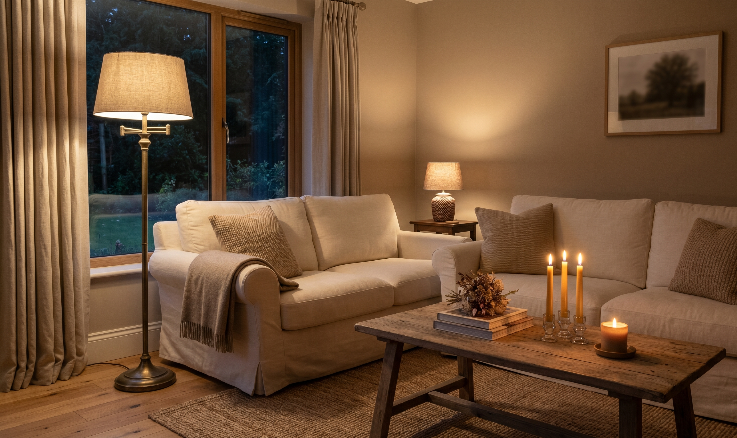 Living room with warm table lamps and soft evening lighting