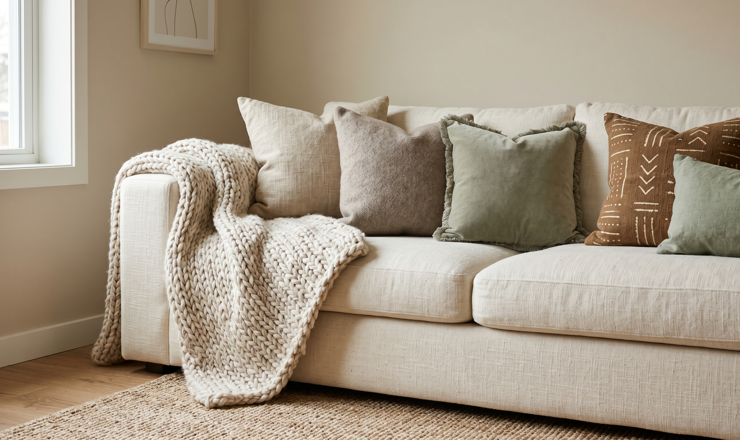 Cozy sofa layered with cushions and throw blankets