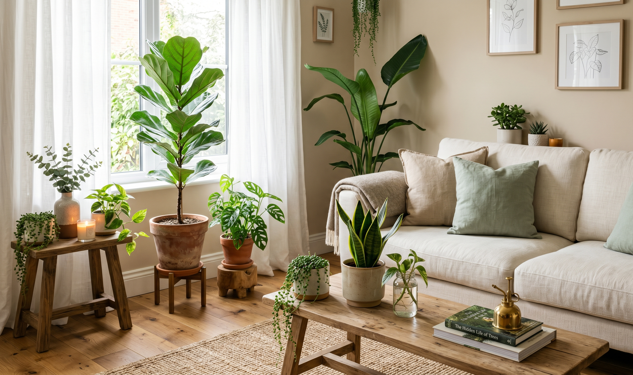 Neutral living room softened with leafy indoor plants