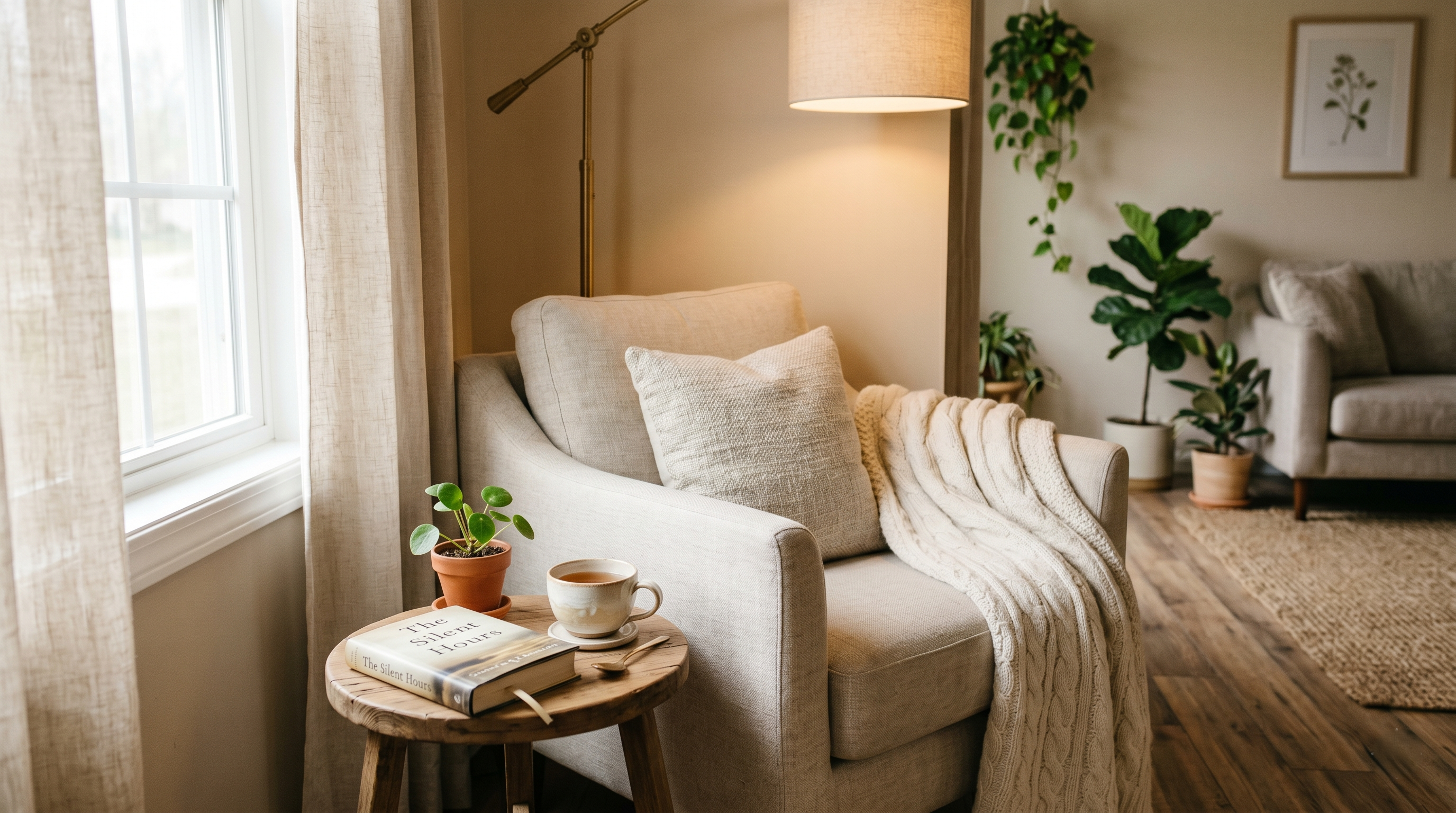 Cozy reading corner with a chair, blanket, side table, and lamp