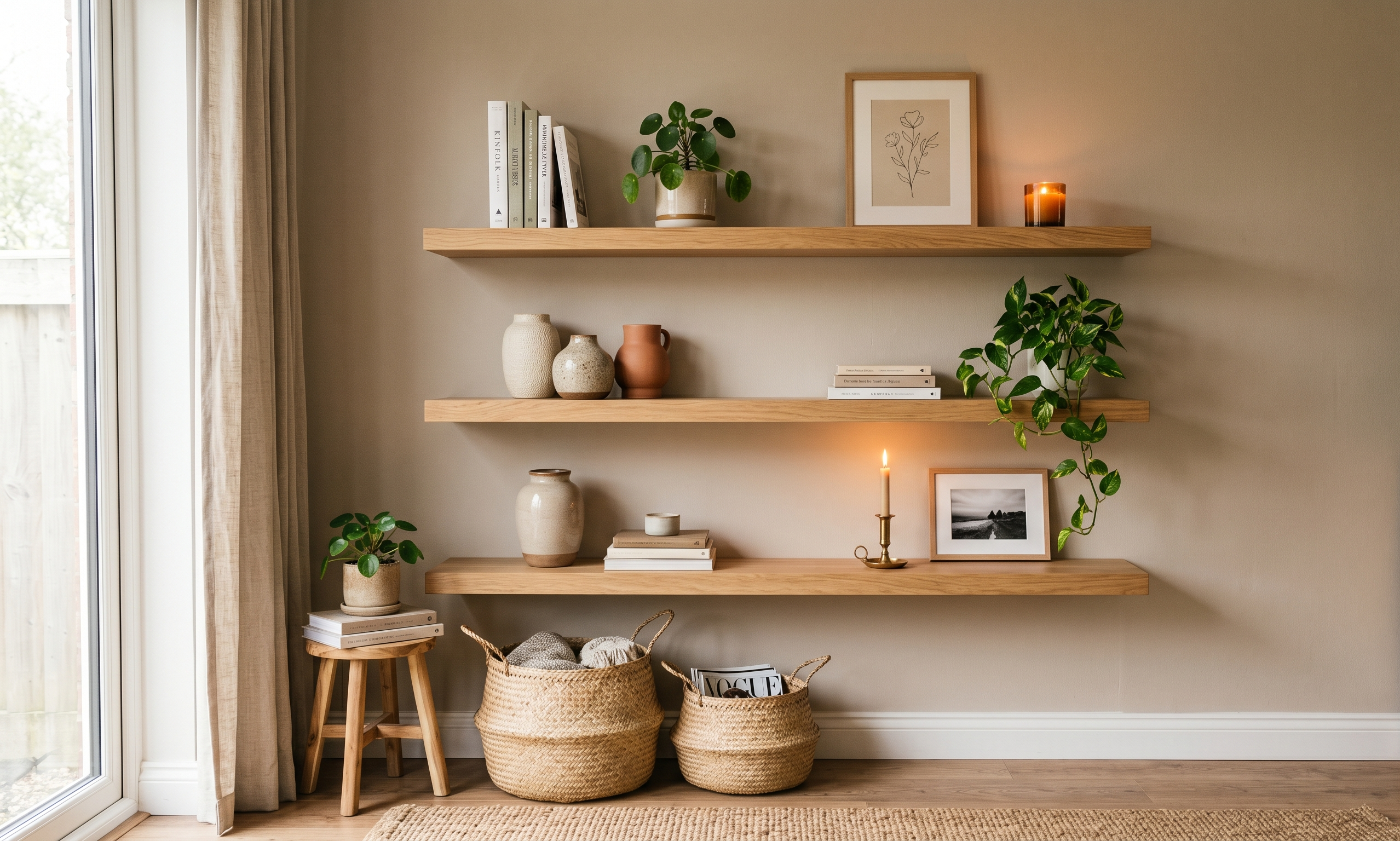 Floating shelves styled with books, plants, ceramics, and art