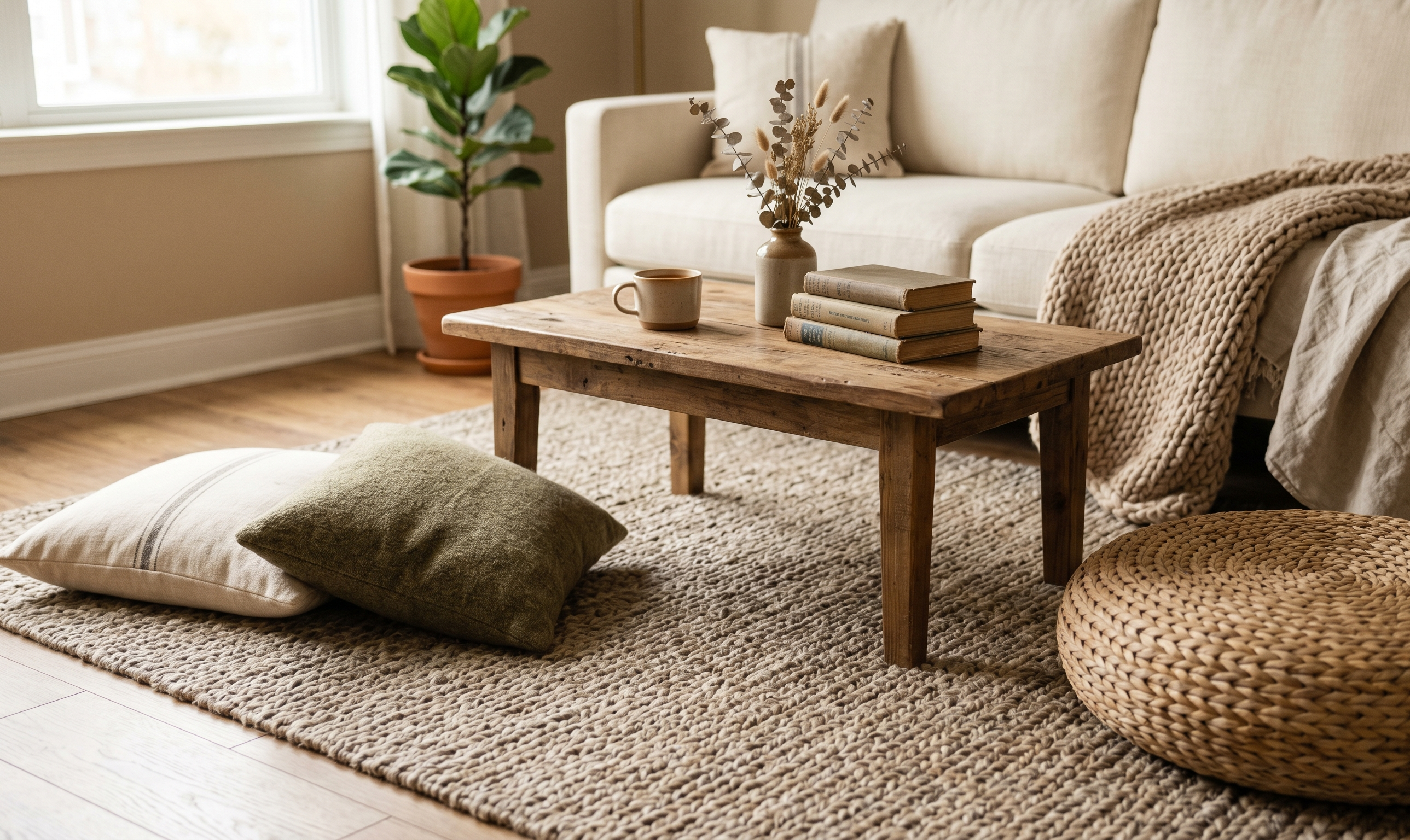 Warm living room rug adding texture under a seating area