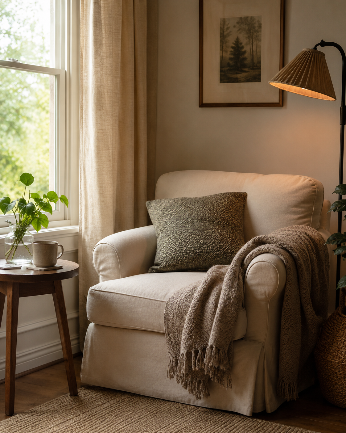 Cozy reading corner with a cream armchair, soft throw blanket, side table, and warm lamp