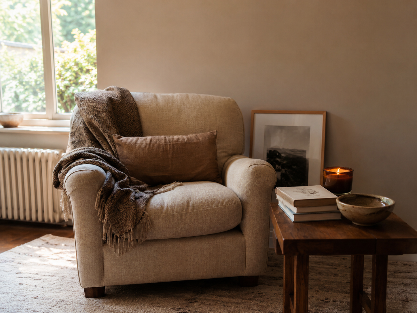 Simple personal reading corner with an armchair, favorite books, candle, ceramic bowl, framed print, and soft rug