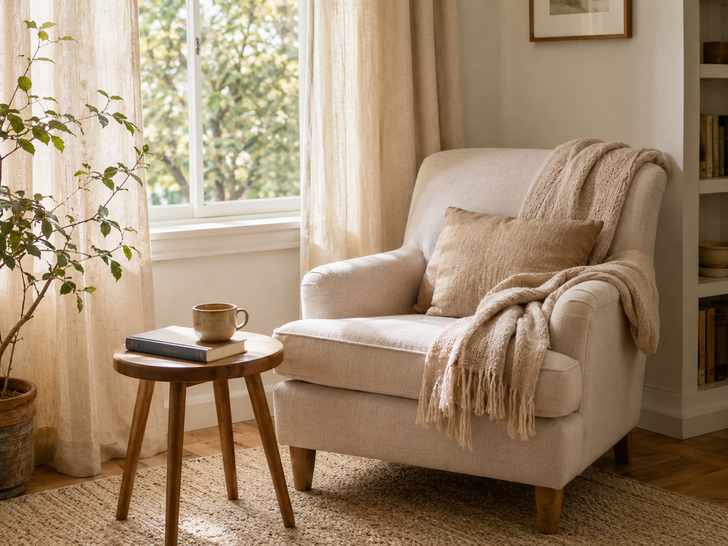 Window-side reading nook with a comfortable chair, linen curtains, side table, mug, book, and plant