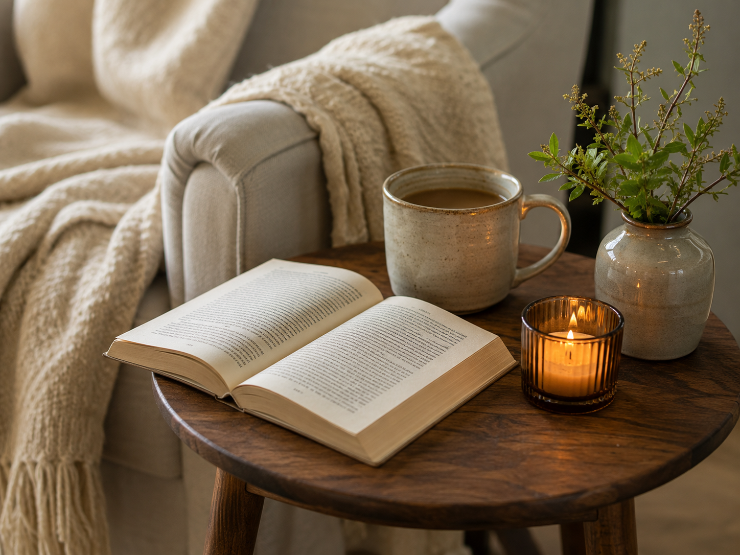 Small wooden side table in a reading corner styled with an open book, ceramic mug, candle, and greenery