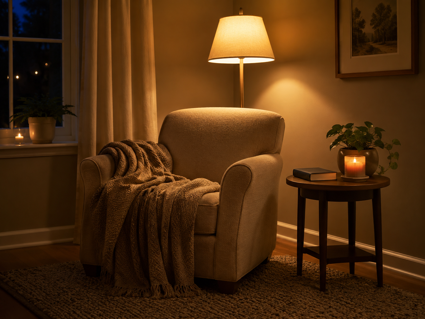 Evening reading corner with a glowing floor lamp, armchair, candle, book, throw blanket, and textured rug