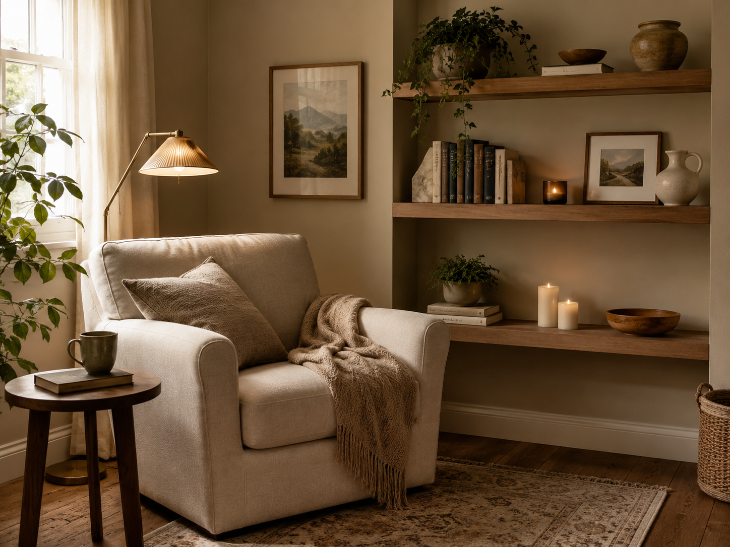 Cozy reading corner with an armchair beside shelves styled with books, plants, candles, ceramics, and framed art