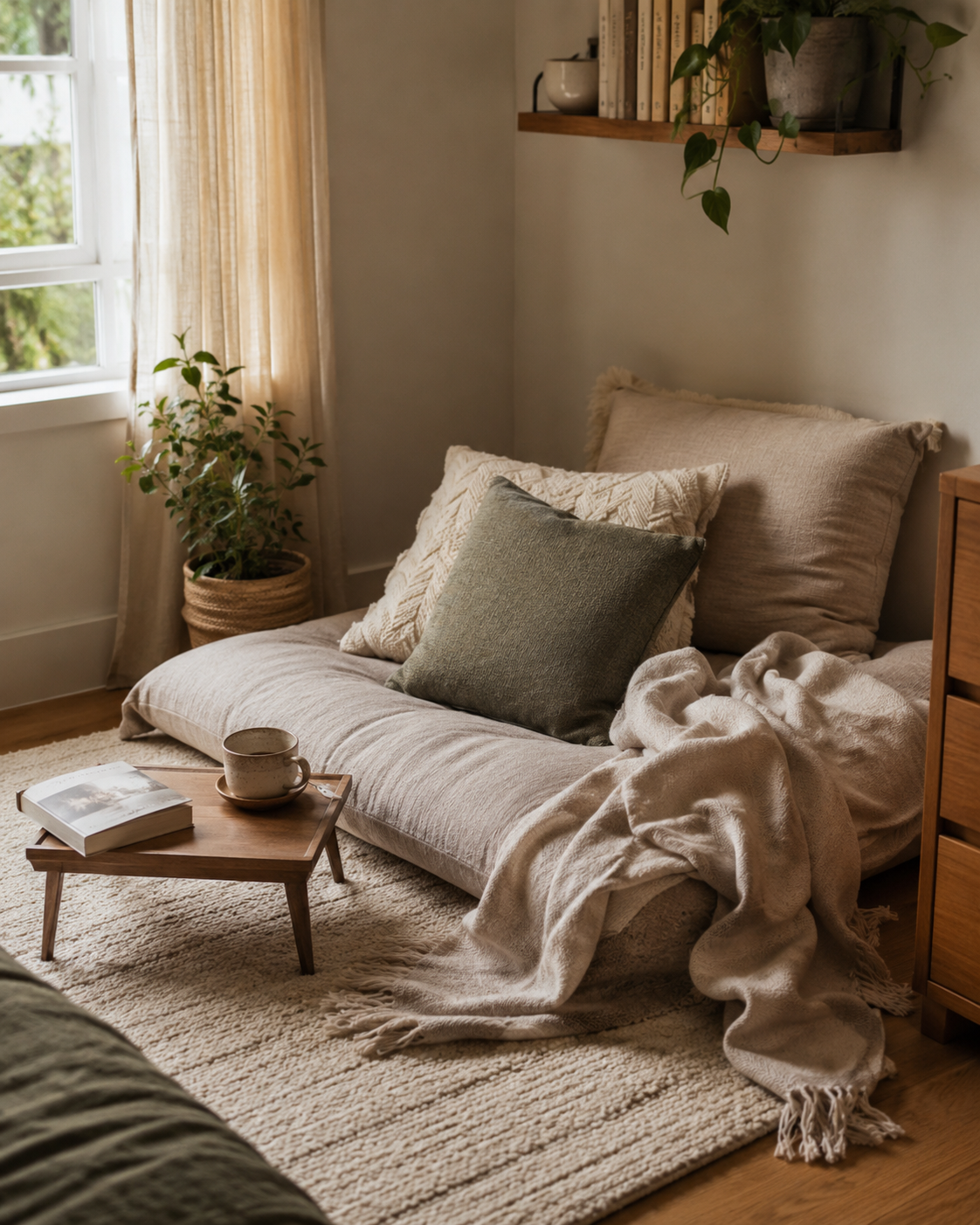 Small floor cushion reading nook with layered pillows, a soft blanket, tray table, book, tea cup, and plant