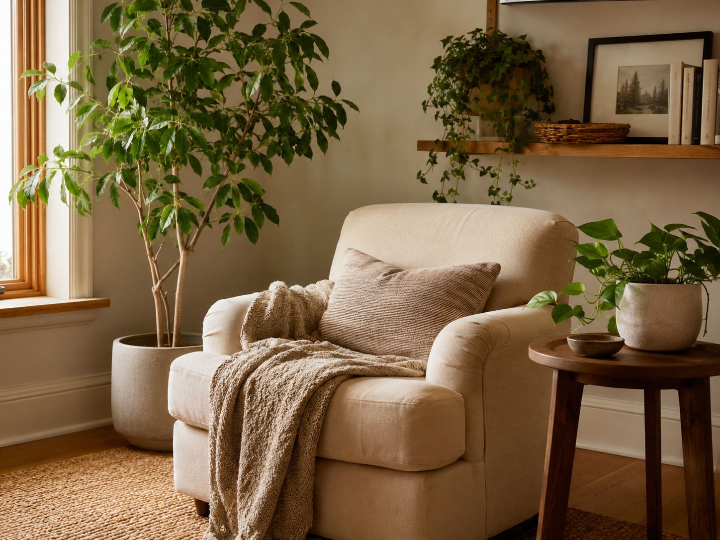 Cozy reading corner with a comfortable chair, tall floor plant, small potted plant, trailing greenery, and warm wood accents