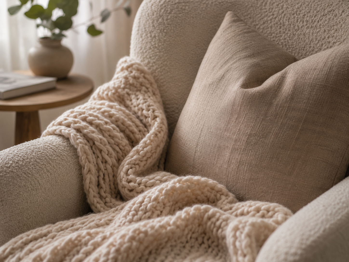 Close-up of a cozy reading chair styled with a chunky knit throw blanket, linen cushion, and boucle texture