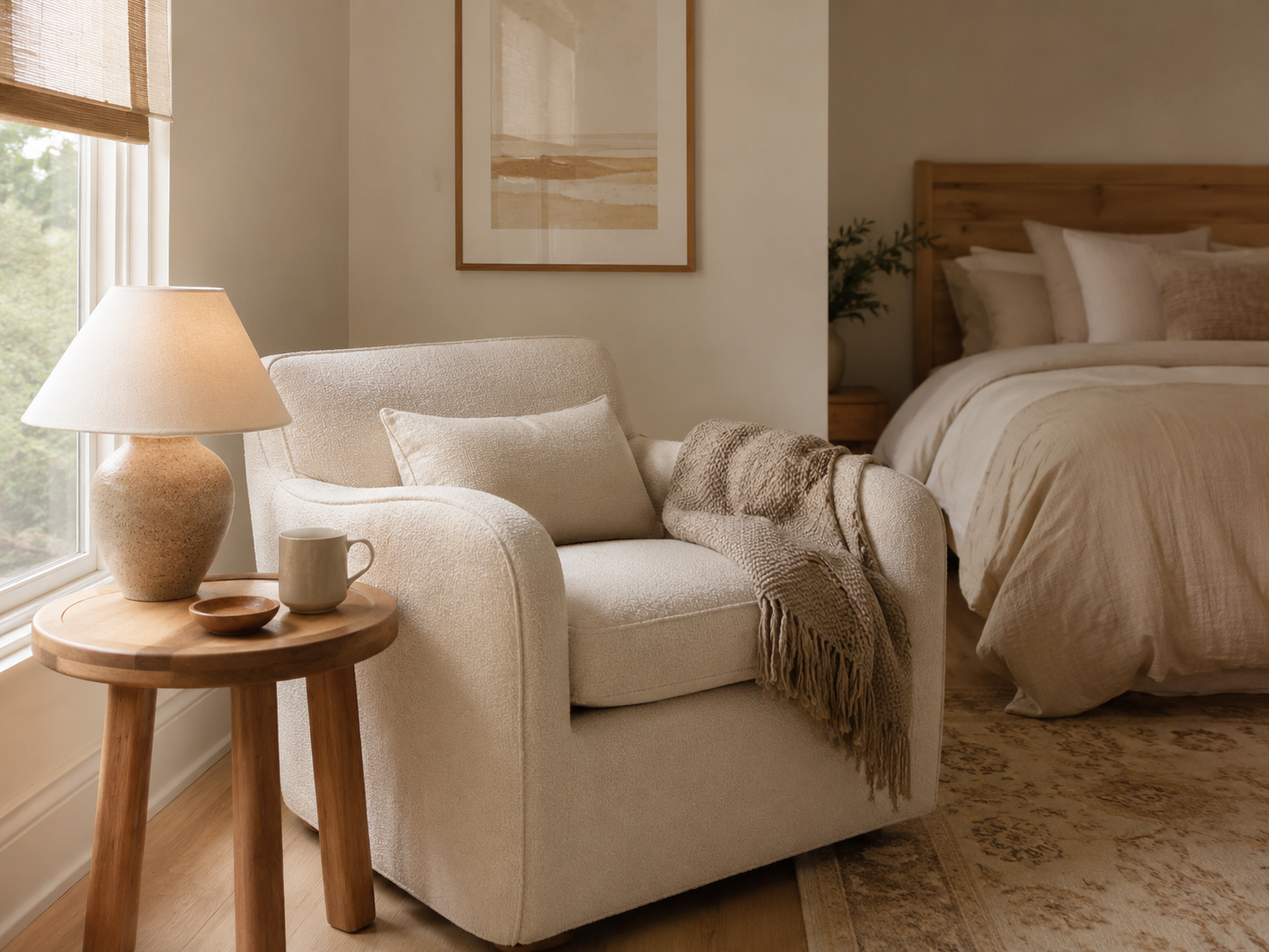 Bedroom reading corner with a cozy chair, small side table, soft lamp, folded throw blanket, and neutral bedding nearby