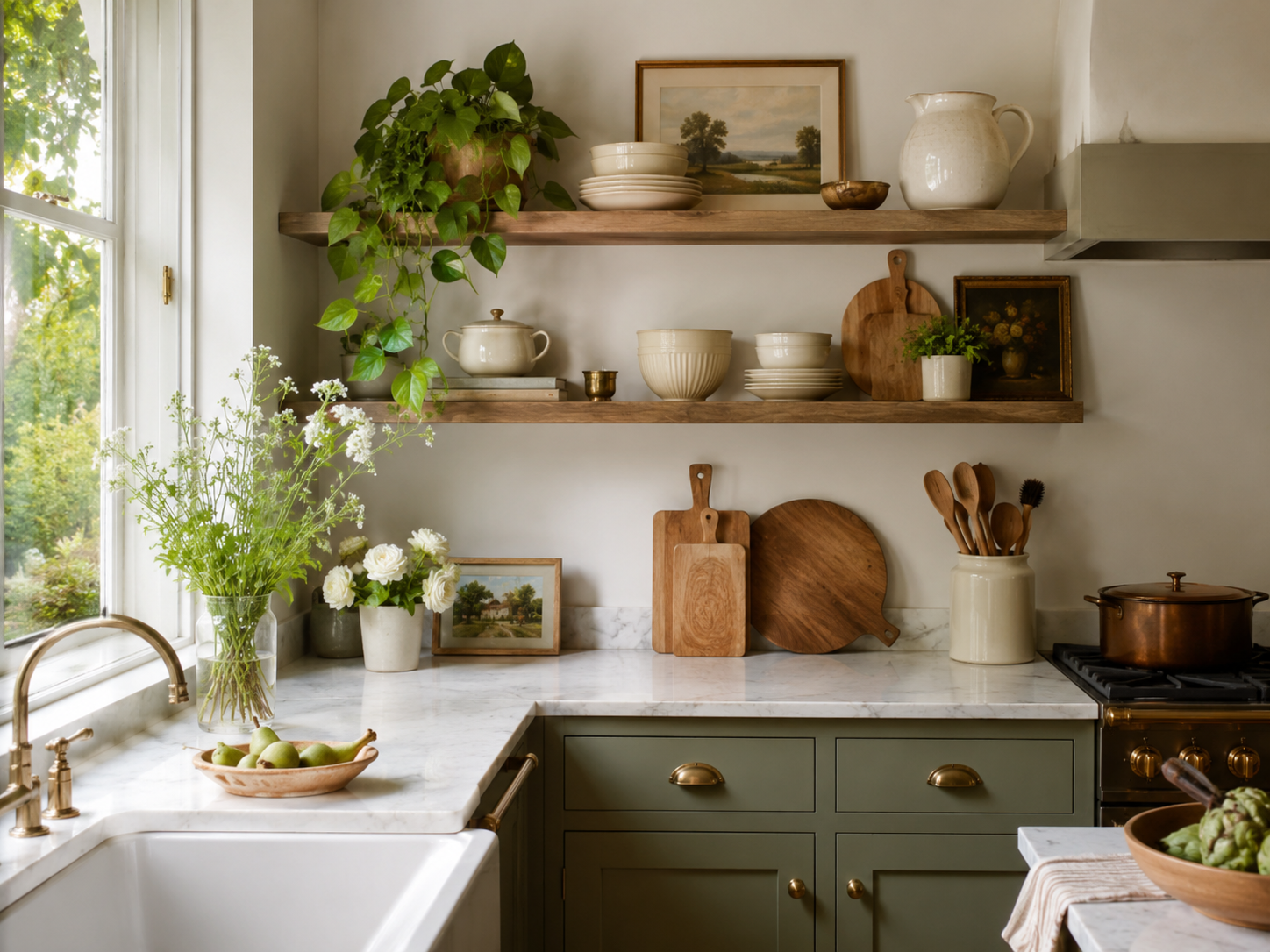English cottage style kitchen with open wooden shelves styled with cream ceramics, stacked bowls, framed landscape, cutting boards, and trailing plant