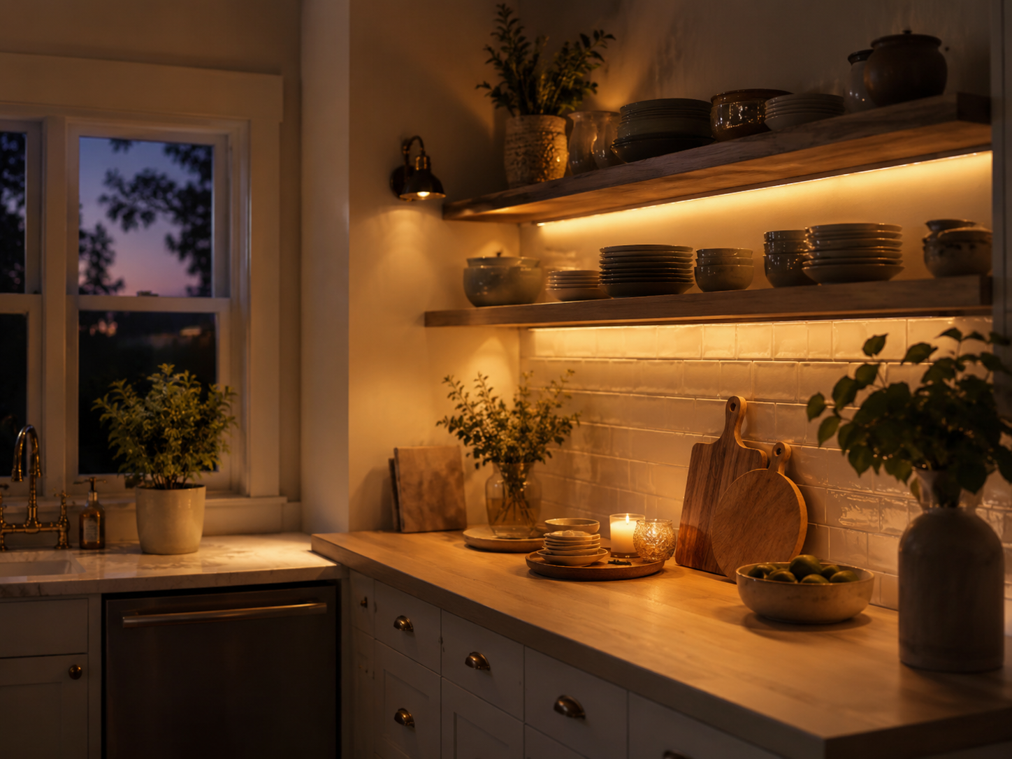 Evening kitchen shelf decor with warm under-shelf lighting, open shelves, ceramics, dishes, vase, golden glow, and shadows