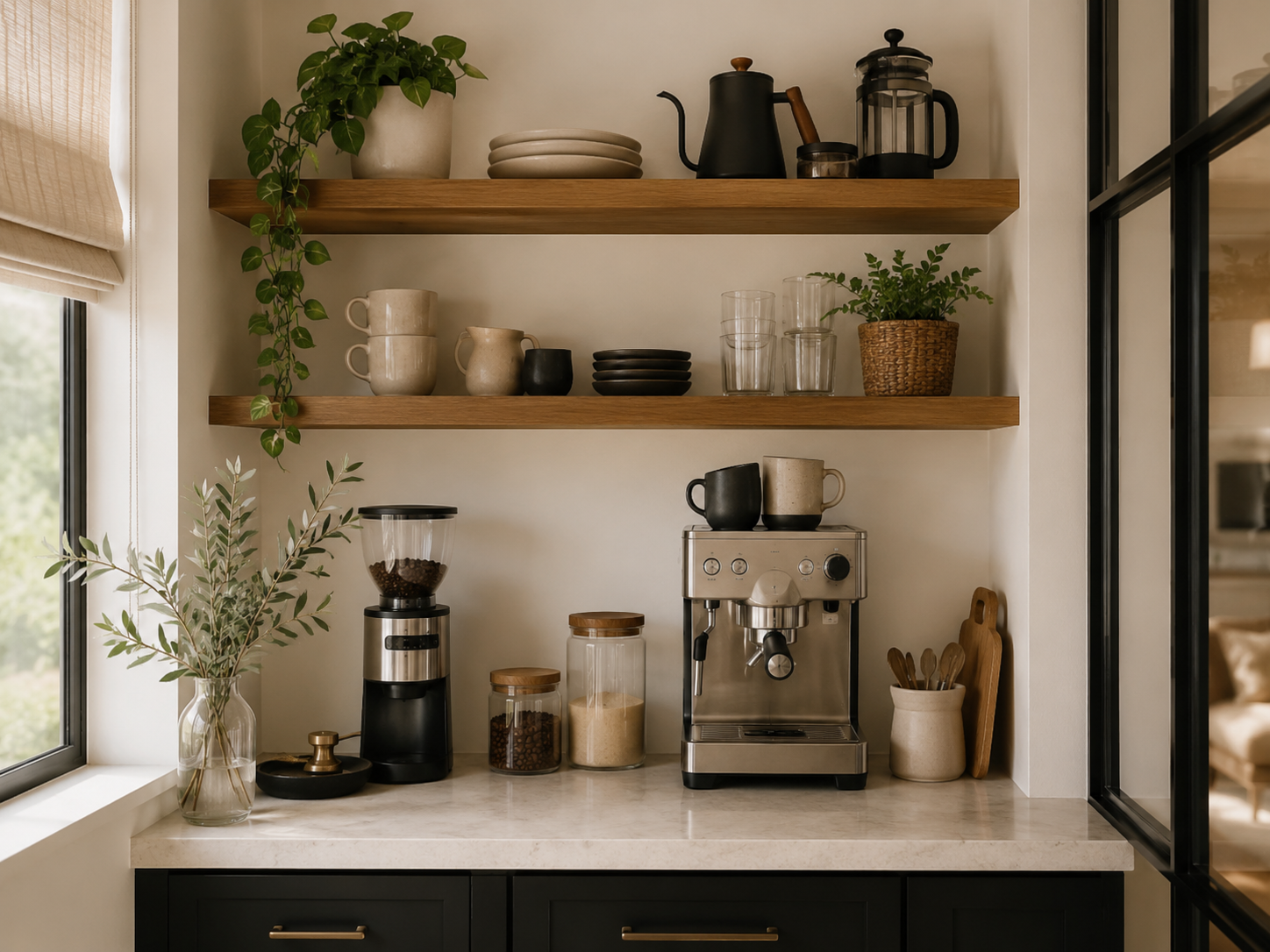 Cozy coffee station kitchen shelf with mugs, coffee maker, glass jars, coffee canister, tiny plant, oak shelves, and morning light