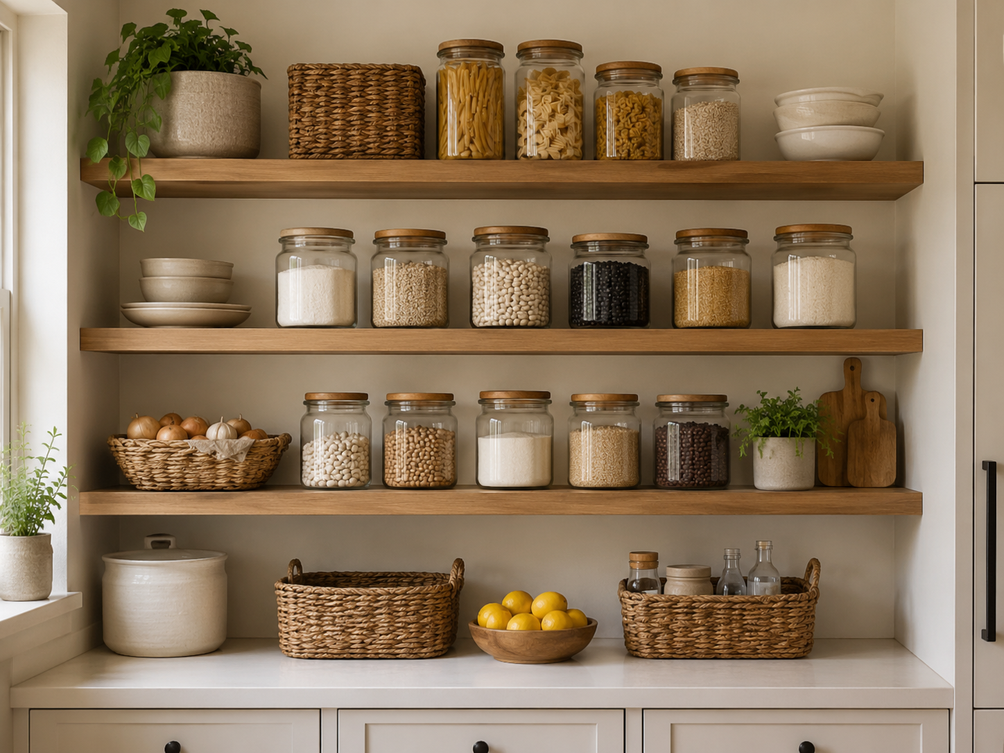 Pantry-style open kitchen shelves with glass jars, pasta, grains, flour, beans, baskets, ceramic bowls, and small plant