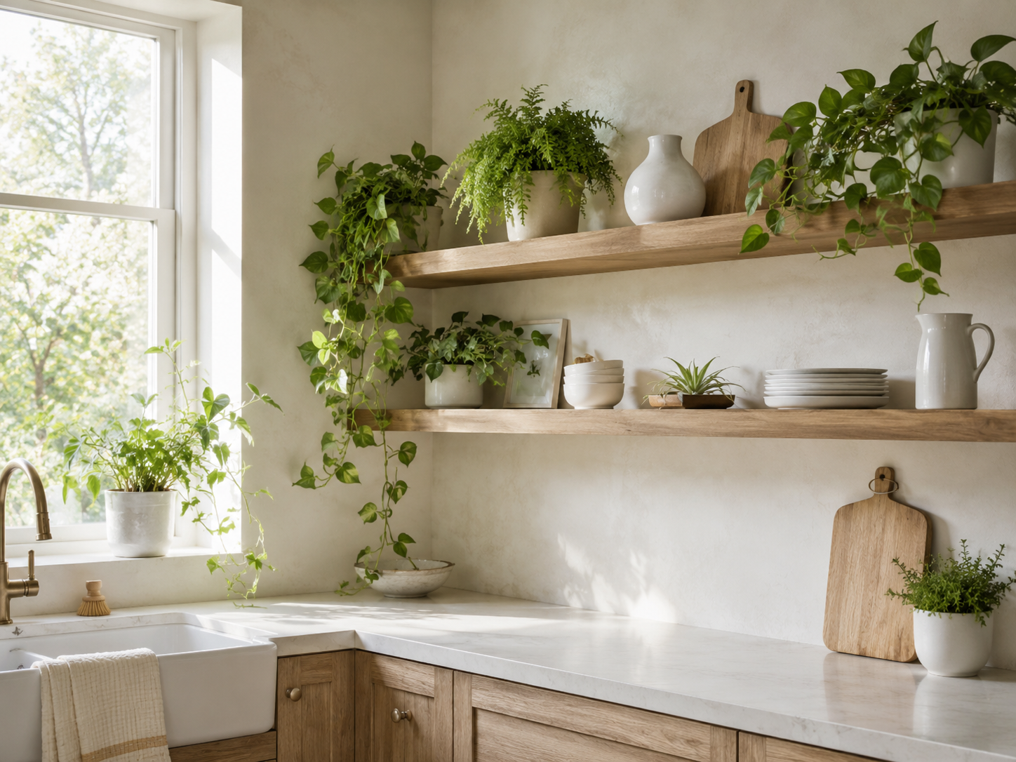Fresh airy kitchen with open shelves styled with trailing greenery, small fern, white ceramics, light wood, and natural daylight