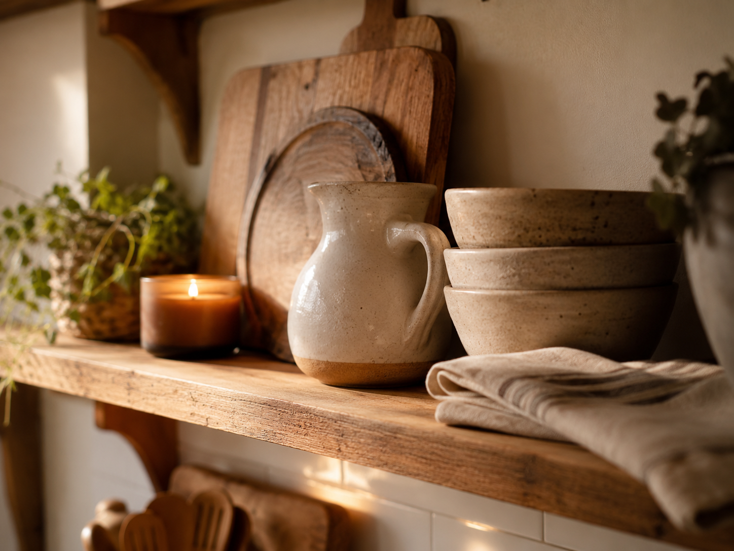 Rustic kitchen shelves styled with layered wooden cutting boards, ceramic pitcher, stoneware bowls, linen towel, and candle