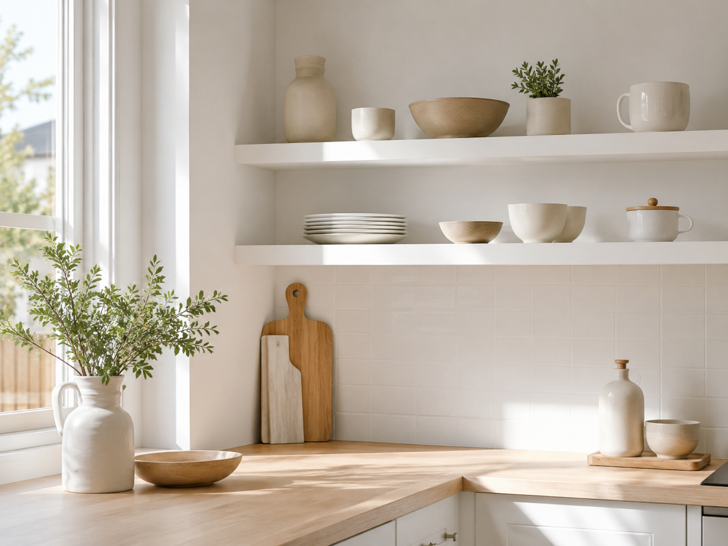 Minimal Scandinavian kitchen with white open shelves, light oak accents, tonal ceramics, tiny plant, and strong daylight