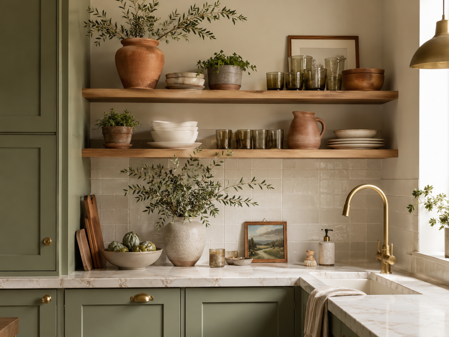 Sage green kitchen with brass fixtures and open shelves styled with terracotta pots, neutral dishes, olive glassware, and branches