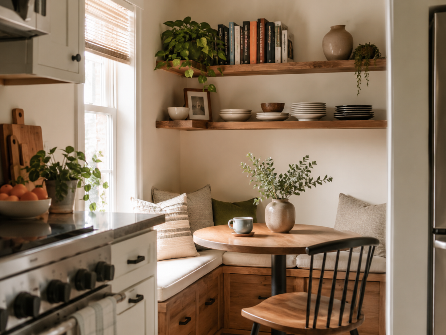 Small apartment kitchen corner with corner floating shelves above breakfast nook styled with cookbooks, plant, vase, and dishes