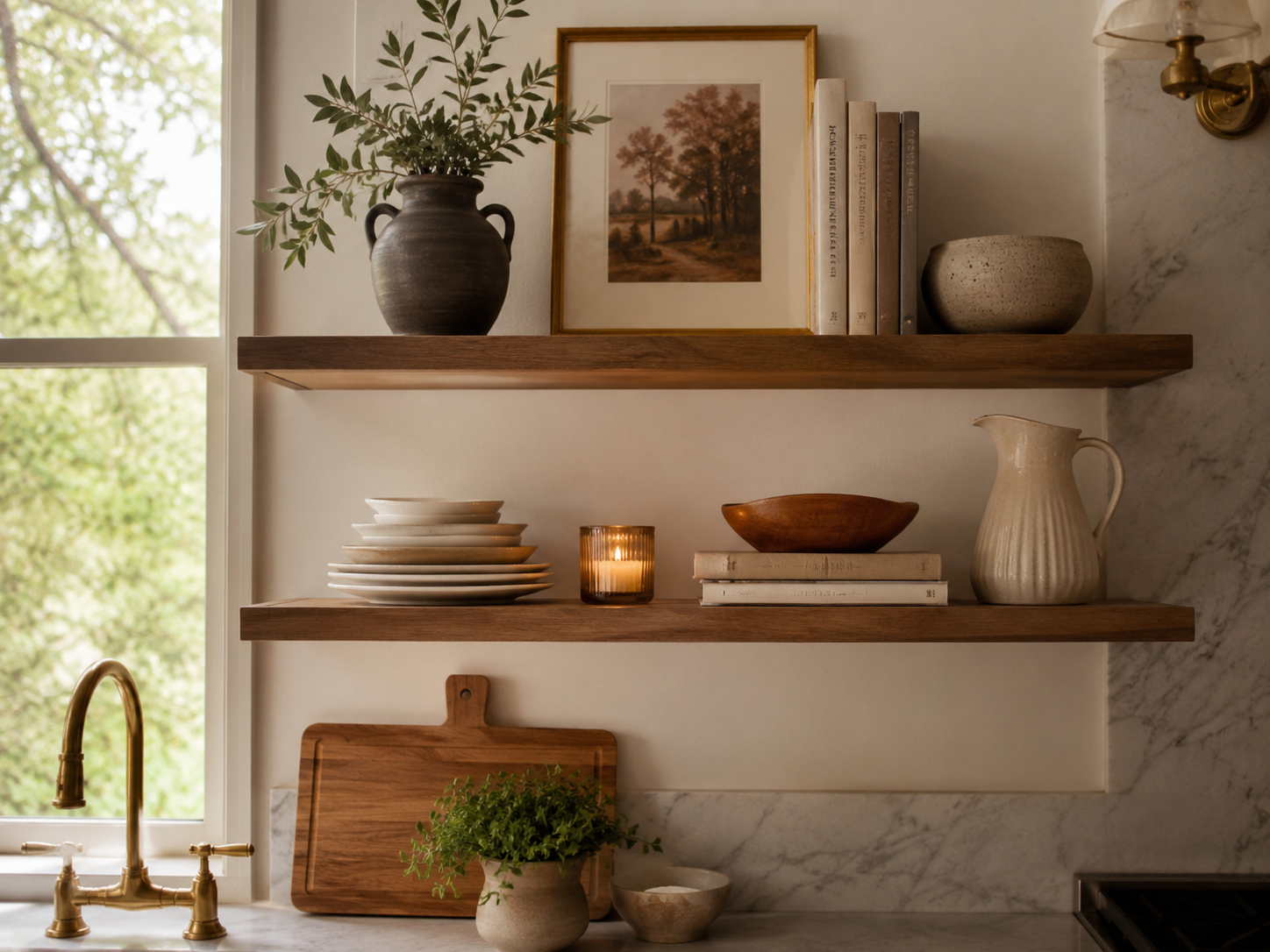 Editorial kitchen shelf scene with cookbooks, framed art print, ceramic vase, candle, dishes, and refined modern-classic backdrop