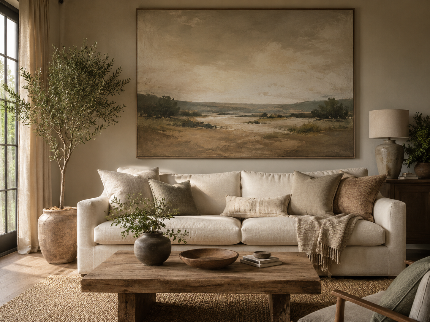 Cozy living room with one large statement artwork above a cream sofa