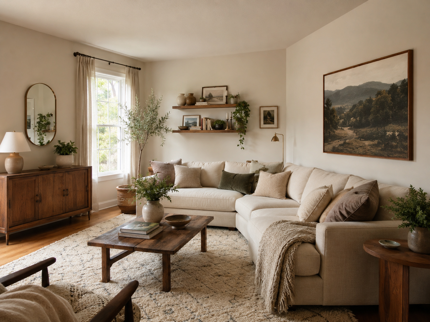 Wide cozy living room with balanced wall decor, neutral sofa, large artwork, small mirror, shelves, plants, and warm wood furniture