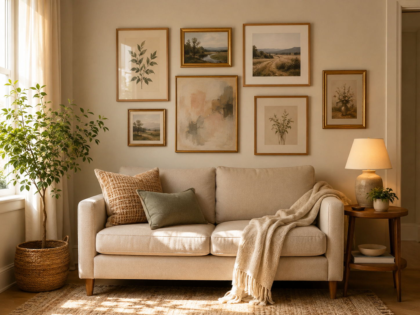 Simple living room gallery wall above a beige sofa with botanical prints, abstract art, and landscape photos