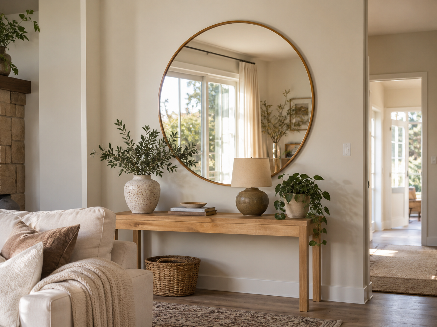 Large round mirror above a slim wooden console table reflecting daylight in a cozy living room