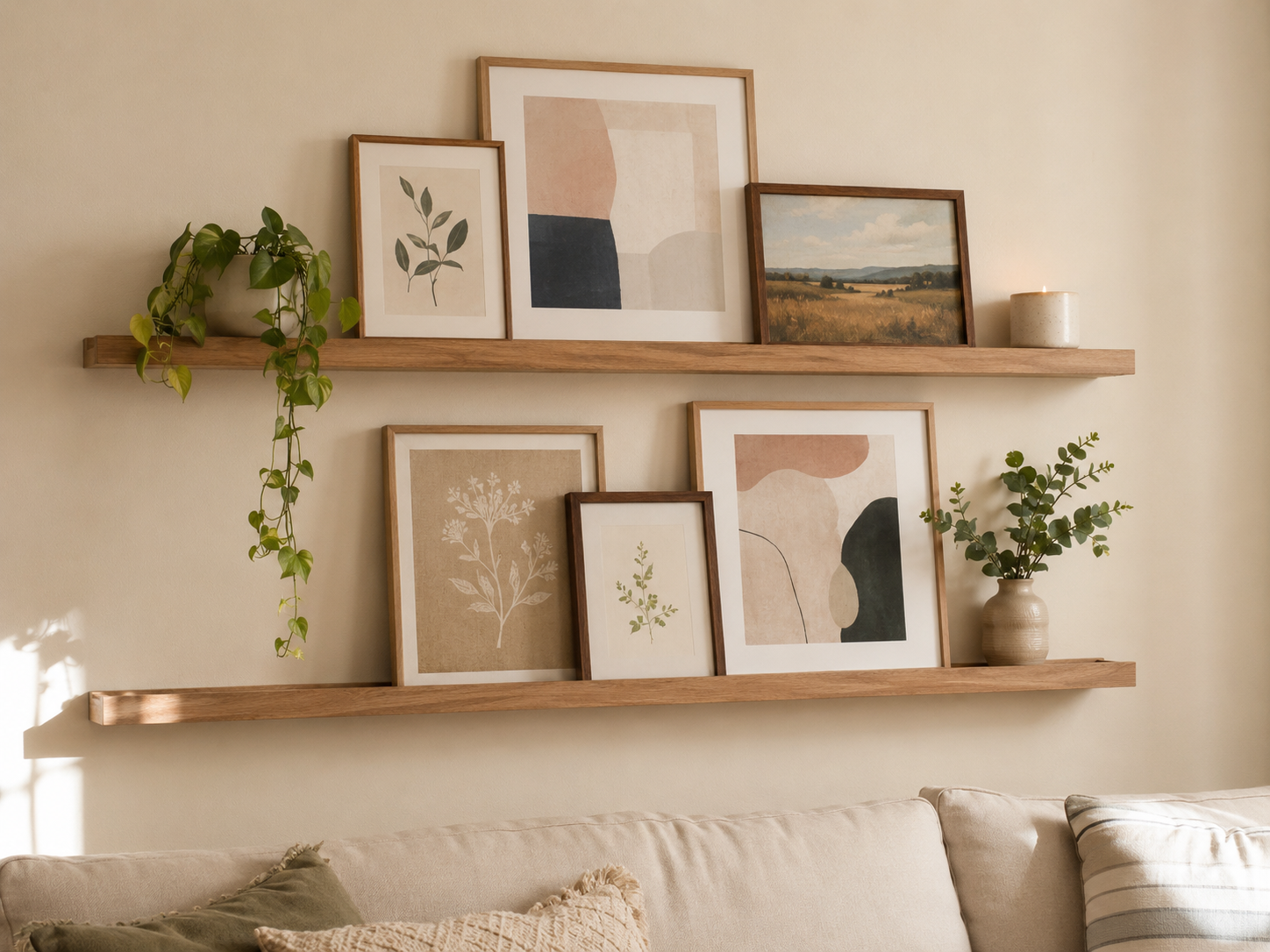 Two wooden picture ledges with layered framed prints, trailing plant, and candle above a living room sofa