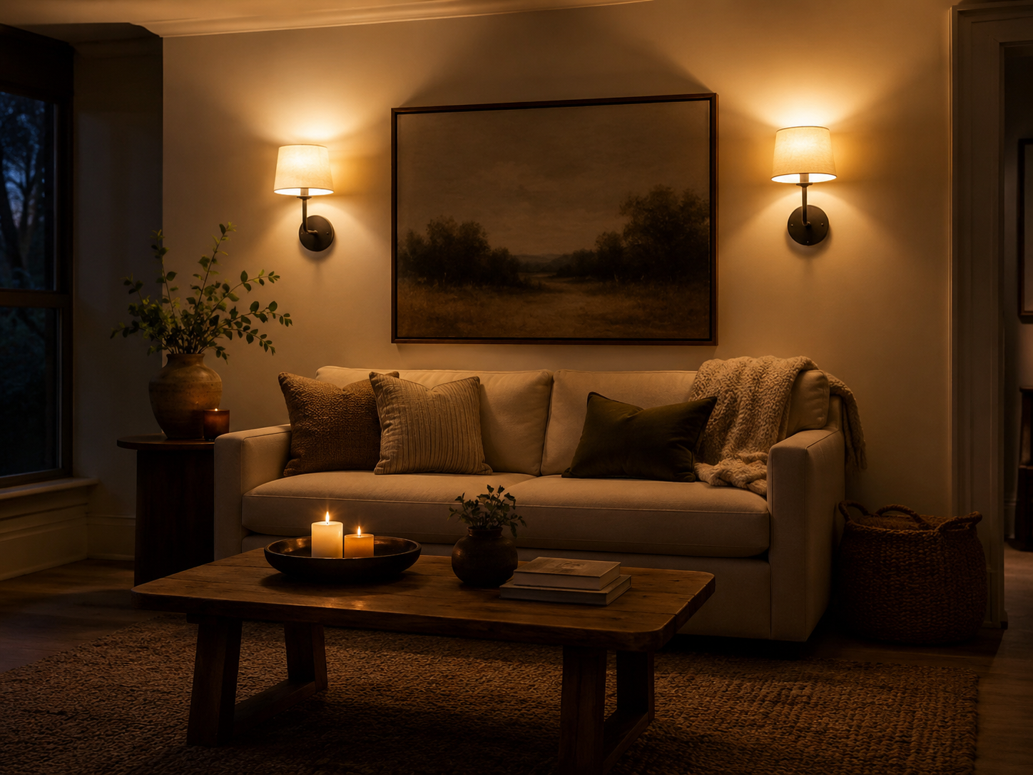 Evening living room with two warm wall sconces beside a large framed artwork above a small sofa