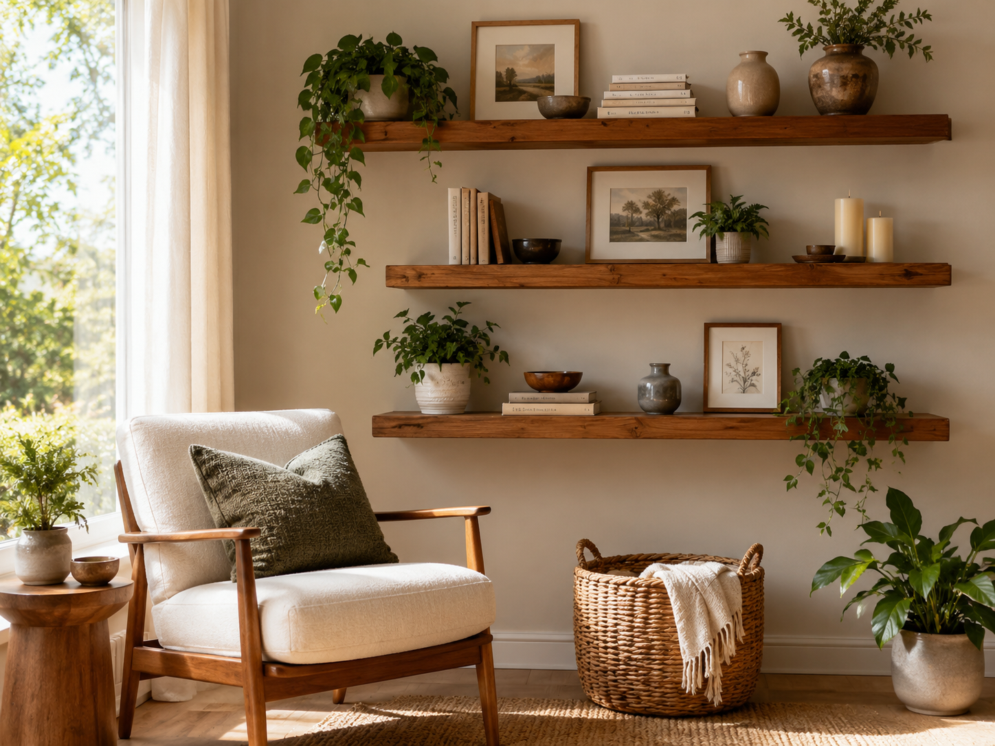 Staggered wooden floating shelves styled with books, ceramics, framed art, candles, and trailing greenery above a chair