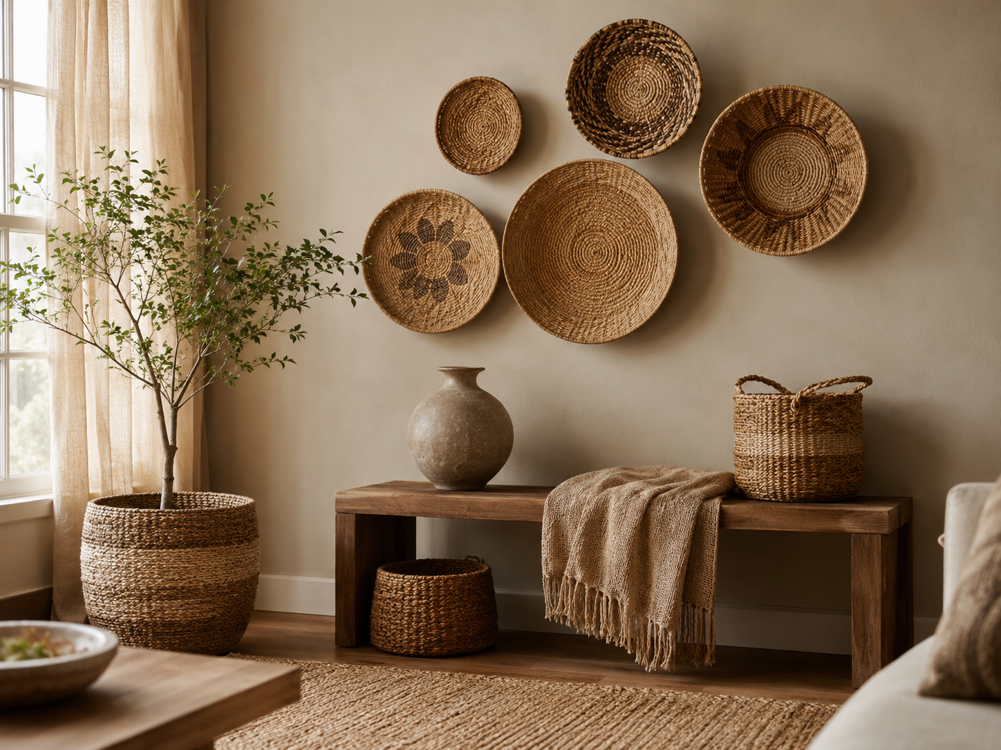 Cluster of woven wall baskets above a low console table with plants, blanket, vase, and warm neutral rug
